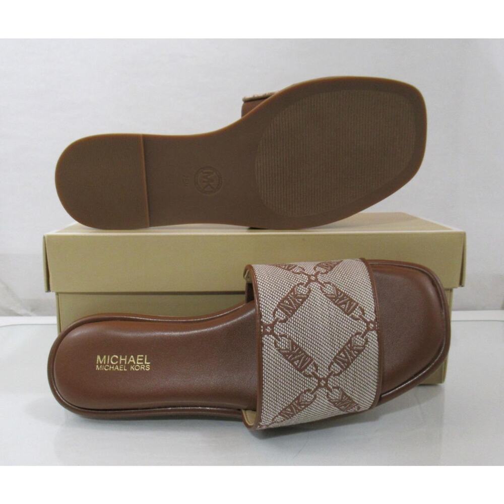 Michael Kors Hayworth Empire Logo Jacquard Slide Sandal Natural Luggage Size 7.5 - Picture 7 of 7